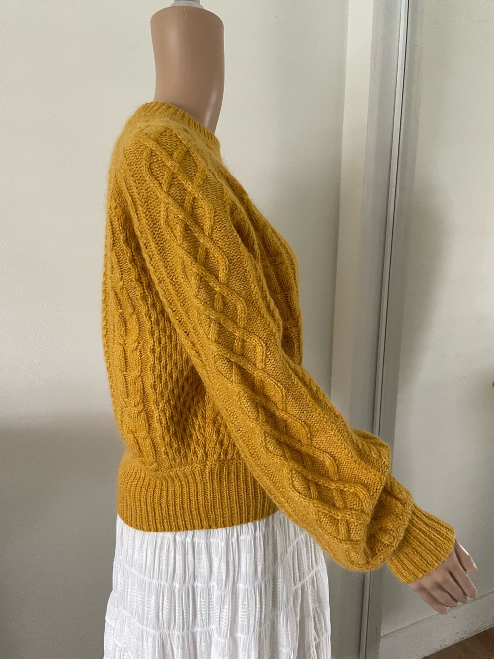 J. Crew DemyLee Chunky Cable Knit Sweater Balloon Sleeve Mohair Wool Mustard - Picture 3 of 7